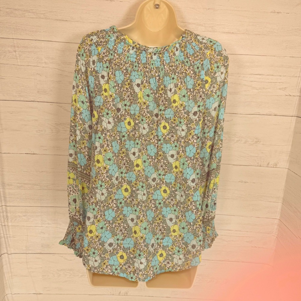 Jane + Delancey Cottage blue yellow floral Peasant Blouse Smocked small romantic - Picture 3 of 11